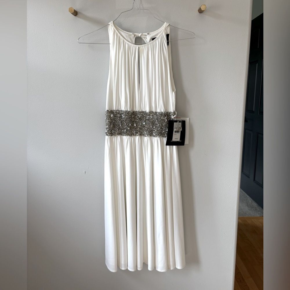JS Boutique White Cocktail Midi Dress with Silver Sequin Waistband